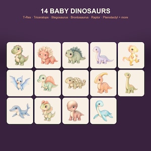 May include: A collection of 14 baby dinosaur illustrations arranged in a grid on a dark purple background. The text reads 14 BABY DINOSAURS T-Rex Triceratops Stegosaurus Brontosaurus Raptor Pterodactyl + more. Each dinosaur is in a square.