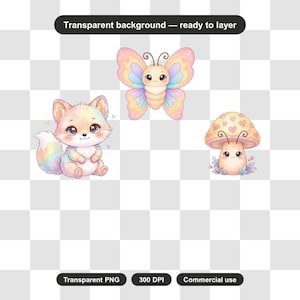 May include: A set of three digital illustrations featuring a pastel rainbow-colored fox, a butterfly with multicolored wings, and a mushroom with a heart-patterned cap. Each character has large eyes and a smiling expression on a transparent background.