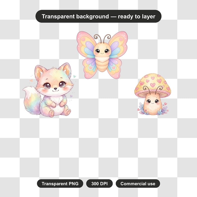 May include: A set of three digital illustrations featuring a pastel rainbow-colored fox, a butterfly with multicolored wings, and a mushroom with a heart-patterned cap. Each character has large eyes and a smiling expression on a transparent background.