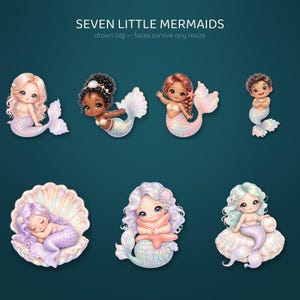 Mermaid Clipart Bundle, 20 Cute Pastel PNG, Iridescent Baby Mermaid Nursery Art, Seahorse Narwhal Shell, Commercial Use image 3