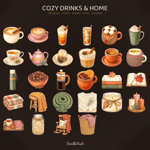 May include: A digital illustration set titled COZY DRINKS & HOME featuring 28 icons of lattes, cocoa, books, knits, and candles. The collection includes various coffee cups, mugs, a teapot, a French press, books with autumn leaves, blankets, sweaters, and candles on a dark background.