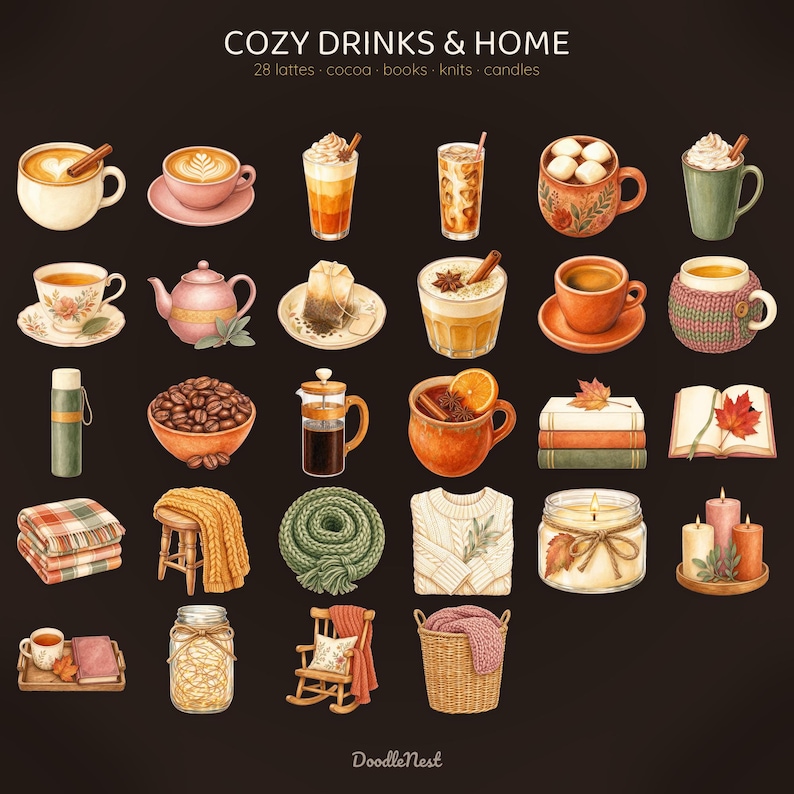 May include: A digital illustration set titled COZY DRINKS & HOME featuring 28 icons of lattes, cocoa, books, knits, and candles. The collection includes various coffee cups, mugs, a teapot, a French press, books with autumn leaves, blankets, sweaters, and candles on a dark background.