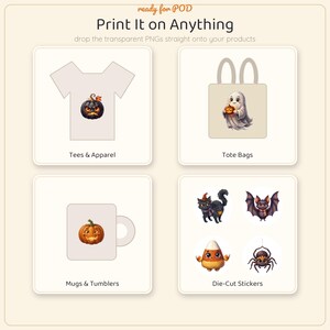 May include: A digital display titled Print It on Anything featuring four sections showing Halloween graphics on a t-shirt, a tote bag, a mug, and a collection of stickers including a black cat, a bat, candy corn, and a spider.