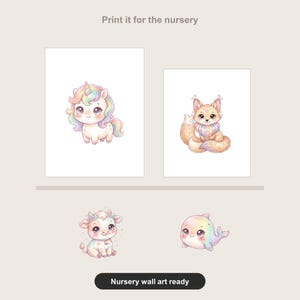 May include: Digital wall art prints featuring four cute creatures: a pastel unicorn, a fox, a cow, and a whale. The text reads Print it for the nursery and Nursery wall art ready. Each character has large eyes and soft, rainbow-colored accents.