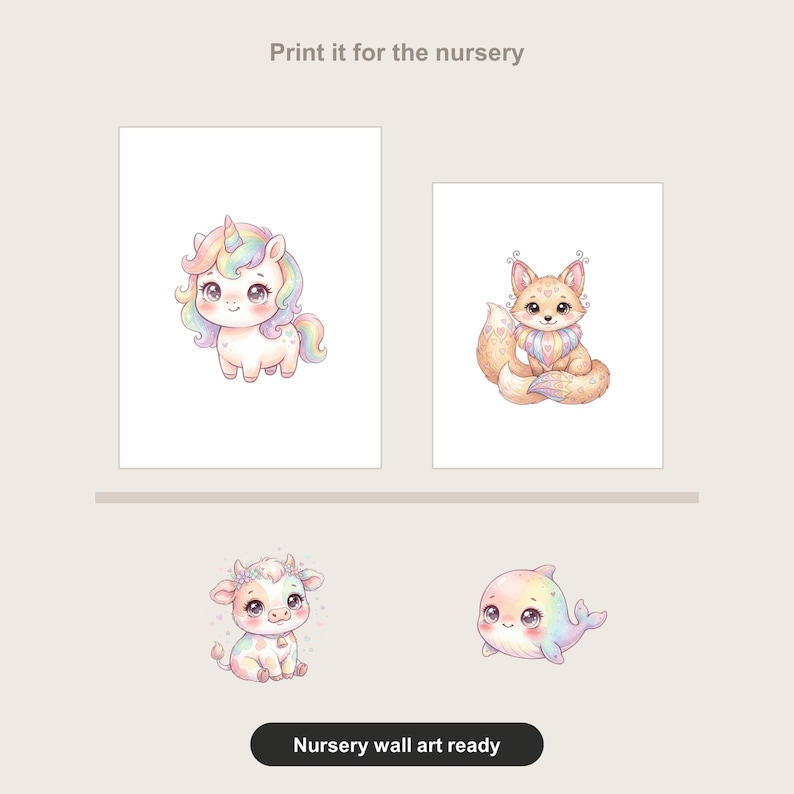 May include: Digital wall art prints featuring four cute creatures: a pastel unicorn, a fox, a cow, and a whale. The text reads Print it for the nursery and Nursery wall art ready. Each character has large eyes and soft, rainbow-colored accents.