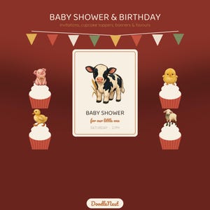 May include: A digital graphic featuring a central invitation card with a black and white calf illustration, text reading BABY SHOWER for our little one SATURDAY 2 PM, surrounded by four cupcakes with animal toppers and a colorful bunting banner.