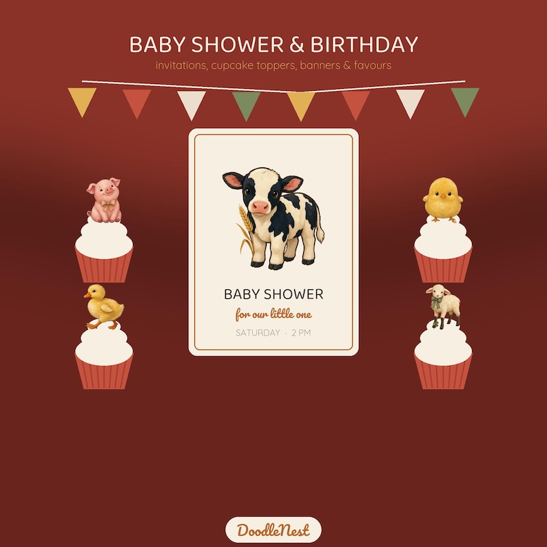 May include: A digital graphic featuring a central invitation card with a black and white calf illustration, text reading BABY SHOWER for our little one SATURDAY 2 PM, surrounded by four cupcakes with animal toppers and a colorful bunting banner.