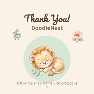 A watercolor illustration of a sleeping lion with green leaves in a light green circle, with a small sprig of green leaves and a pink flower on either side, and text "Thank You! DoodleNest follow the shop for new clipart packs."