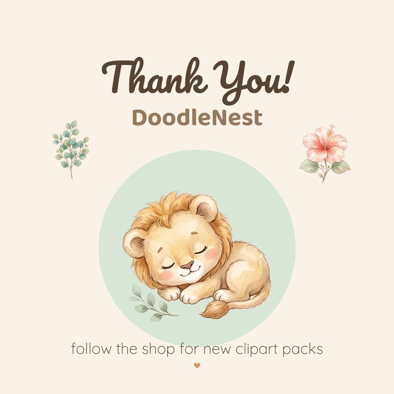 A watercolor illustration of a sleeping lion with green leaves in a light green circle, with a small sprig of green leaves and a pink flower on either side, and text "Thank You! DoodleNest follow the shop for new clipart packs."
