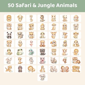 A grid of 50 small watercolor illustrations of various safari and jungle animals, including lions, elephants, giraffes, zebras, and monkeys, with text "50 Safari & Jungle Animals."