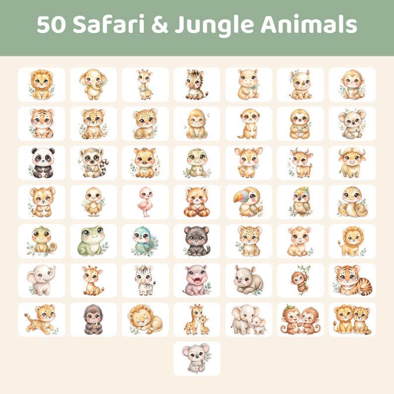 A grid of 50 small watercolor illustrations of various safari and jungle animals, including lions, elephants, giraffes, zebras, and monkeys, with text "50 Safari & Jungle Animals."