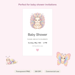 May include: A rectangular baby shower invitation card featuring a central illustration of a beige bunny with a colorful, fan-shaped background. The text reads: Baby Shower, PLEASE JOIN US TO CELEBRATE, Sunday, May 14th, 2 PM, 123 Sunshine Lane.
