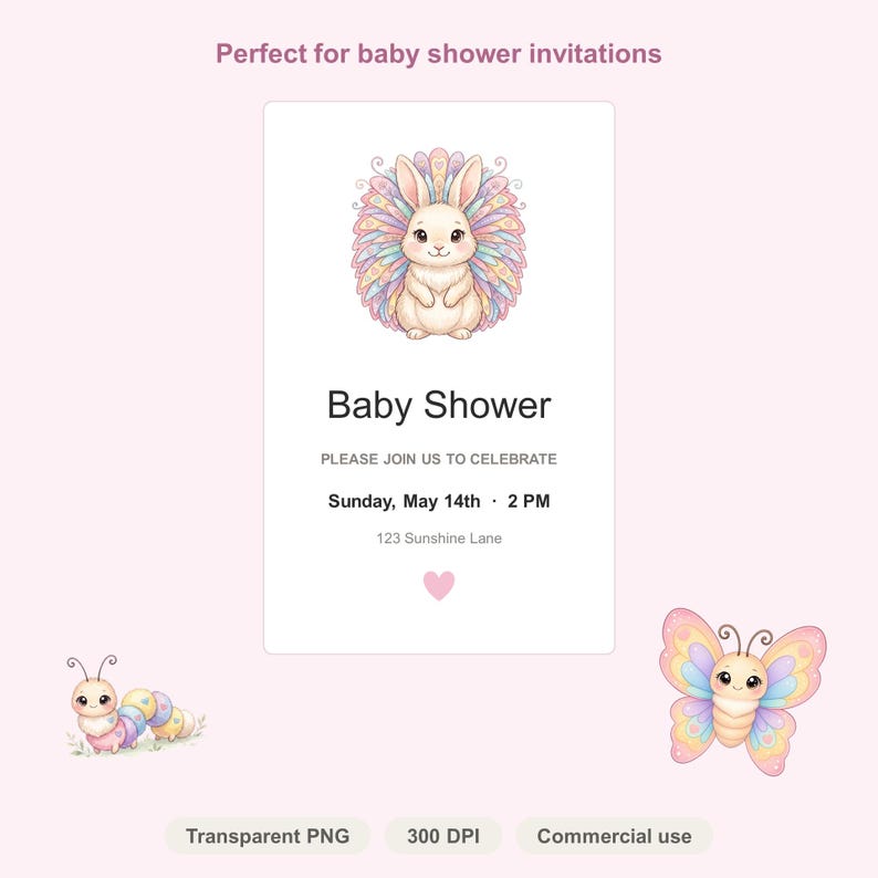 May include: A rectangular baby shower invitation card featuring a central illustration of a beige bunny with a colorful, fan-shaped background. The text reads: Baby Shower, PLEASE JOIN US TO CELEBRATE, Sunday, May 14th, 2 PM, 123 Sunshine Lane.