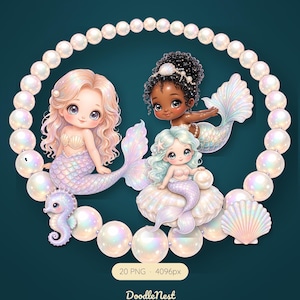 Mermaid Clipart Bundle, 20 Cute Pastel PNG, Iridescent Baby Mermaid Nursery Art, Seahorse Narwhal Shell, Commercial Use image 1