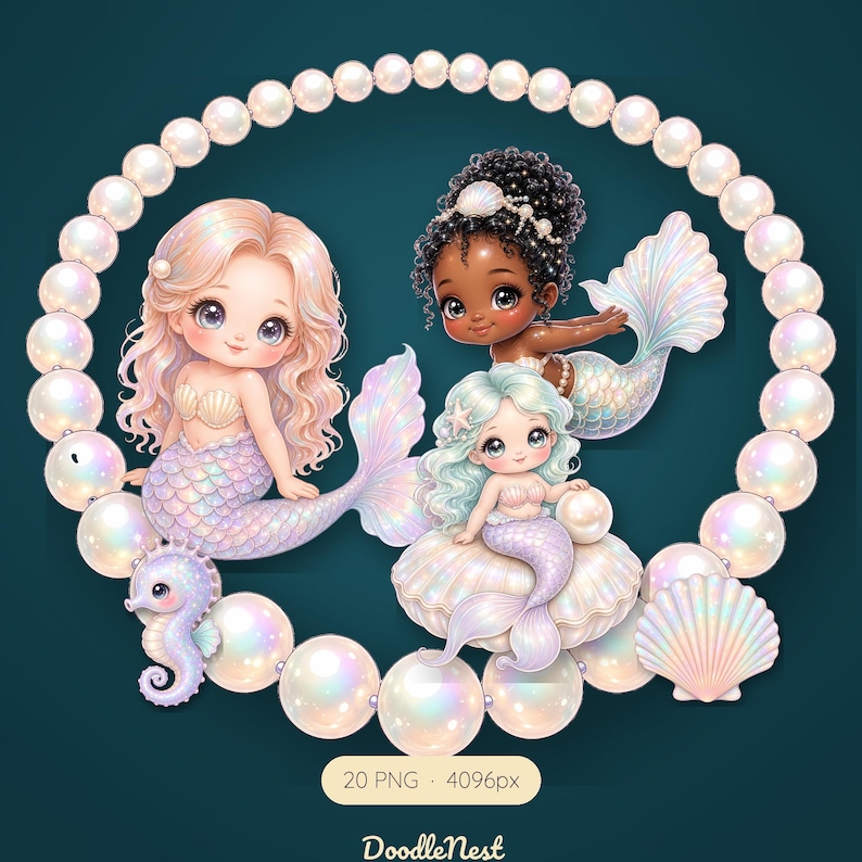 Mermaid Clipart Bundle, 20 Cute Pastel PNG, Iridescent Baby Mermaid Nursery Art, Seahorse Narwhal Shell, Commercial Use image 1