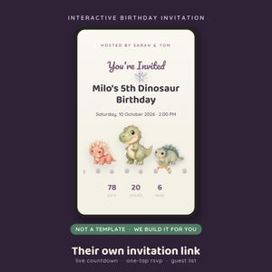 Dinosaur Birthday Invitation Website, Interactive Dino Party Invite with Live RSVP, Animated Kids Birthday Invitation Made For You image 1