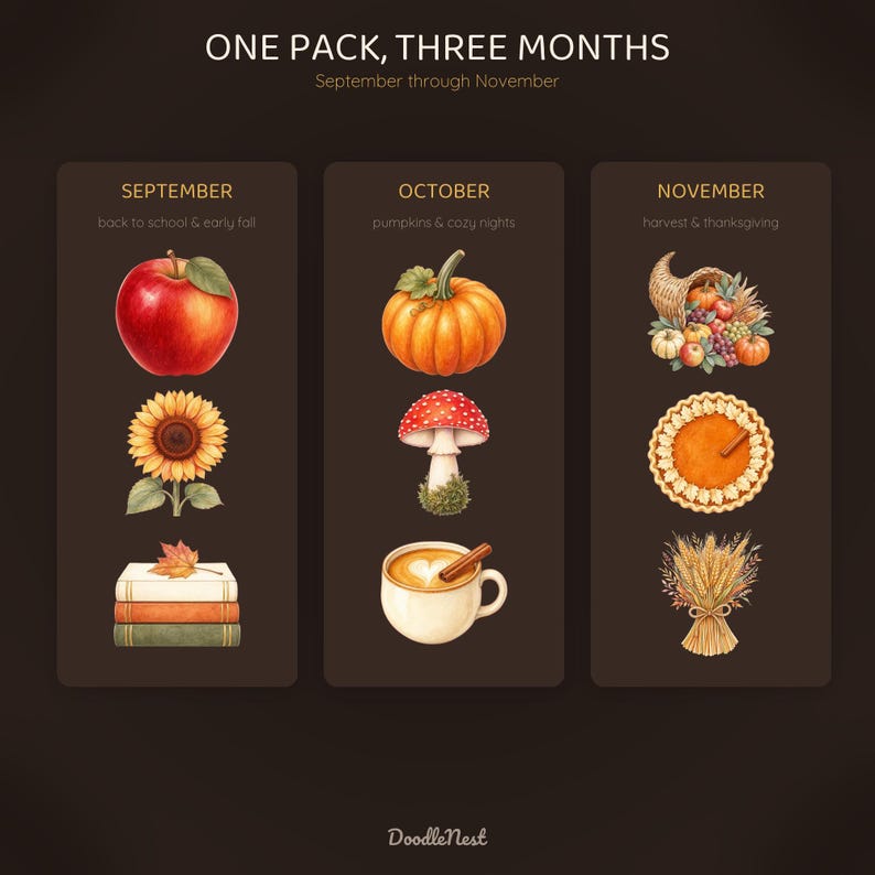 May include: A digital graphic titled ONE PACK, THREE MONTHS September through November, featuring three vertical panels. September shows an apple, sunflower, and books. October shows a pumpkin, mushroom, and coffee. November shows a cornucopia, pie, and wheat.