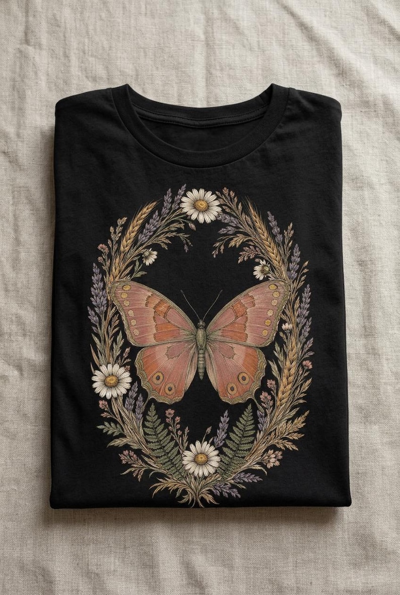 Cottagecore-Schmetterling (PNG), Wildblumenkranz-Shirt-Design, Boho-Schmetterling-Sublimationsdesign, transparenter Hintergrund, kommerzielle Nutzung Bild 4