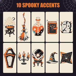 Puede incluir: Una colecci&oacute;n de 10 Spooky Accents con ilustraciones de un caldero humeante, escoba, frasco de poci&oacute;n, libro de hechizos, cr&aacute;neo agrietado, ata&uacute;d, candelabro, bola de cristal, sombrero de bruja y un cuadrado con telara&ntilde;a sobre fondo oscuro.