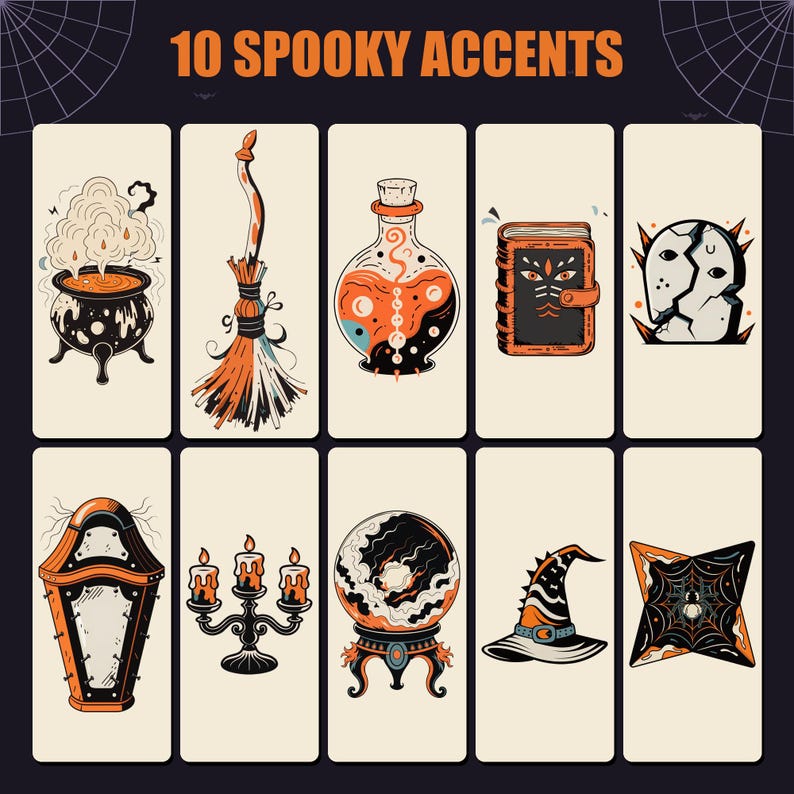 Puede incluir: Una colecci&oacute;n de 10 Spooky Accents con ilustraciones de un caldero humeante, escoba, frasco de poci&oacute;n, libro de hechizos, cr&aacute;neo agrietado, ata&uacute;d, candelabro, bola de cristal, sombrero de bruja y un cuadrado con telara&ntilde;a sobre fondo oscuro.