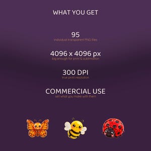 Text describing product details: "95 individual transparent PNG files," "4096 x 4096 px," "300 DPI," and "COMMERCIAL USE," with three insect illustrations below.