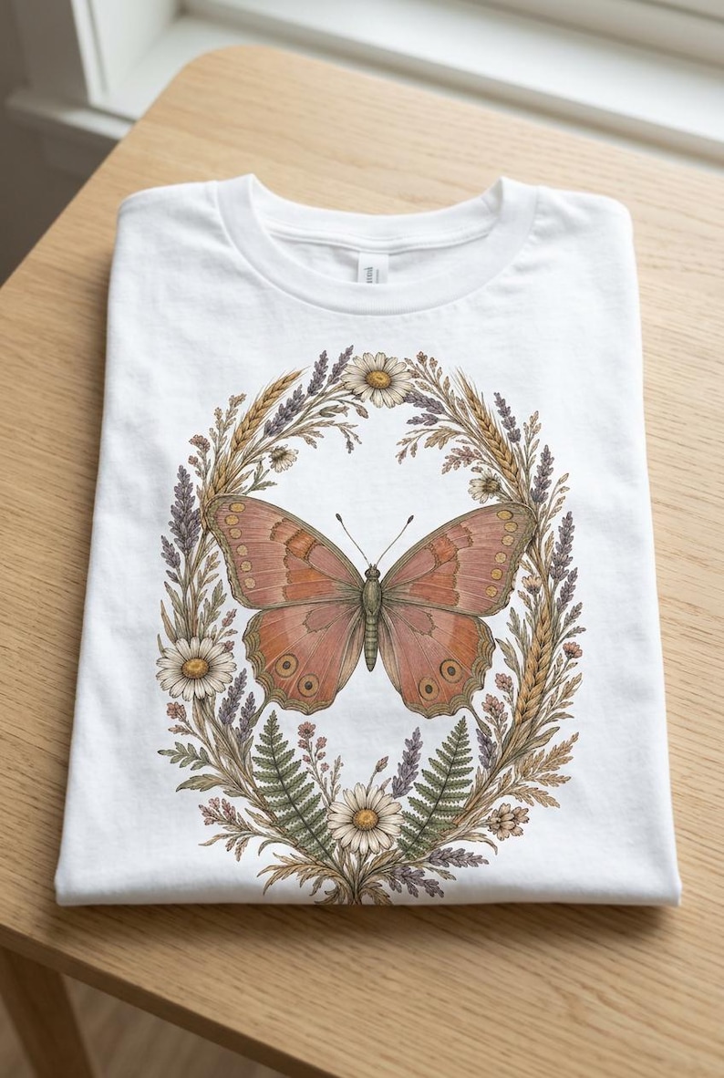 Cottagecore-Schmetterling (PNG), Wildblumenkranz-Shirt-Design, Boho-Schmetterling-Sublimationsdesign, transparenter Hintergrund, kommerzielle Nutzung Bild 3