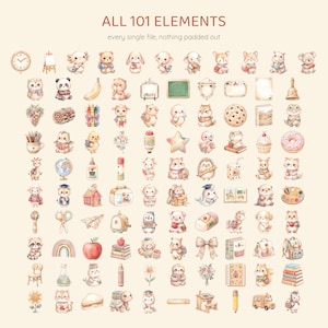 Op de afbeelding: Een verzameling van 101 digitale illustraties met schattige dieren, schoolspullen en etenswaren. De tekst bovenaan luidt ALL 101 ELEMENTS every single file, nothing padded out. De afbeeldingen zijn uitgevoerd in een zachte, pastelkleurige aquarel-stijl.