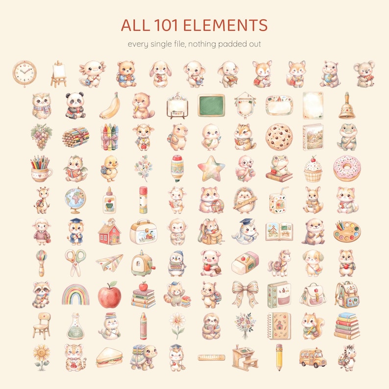 Op de afbeelding: Een verzameling van 101 digitale illustraties met schattige dieren, schoolspullen en etenswaren. De tekst bovenaan luidt ALL 101 ELEMENTS every single file, nothing padded out. De afbeeldingen zijn uitgevoerd in een zachte, pastelkleurige aquarel-stijl.