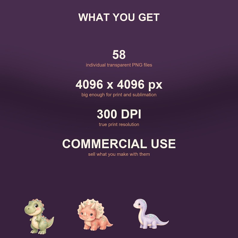 May include: A digital product listing on a dark purple background featuring the text WHAT YOU GET, 58 individual transparent PNG files, 4096 x 4096 px, 300 DPI, and COMMERCIAL USE. Three small cartoon dinosaur illustrations are at the bottom.