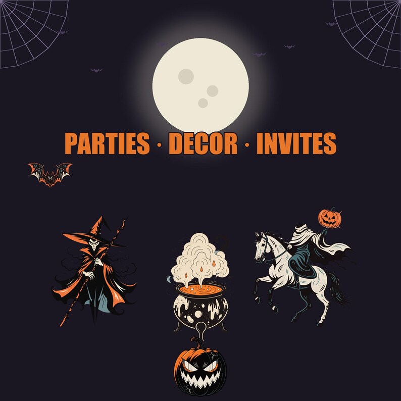 Puede incluir: Un gr&aacute;fico de color morado oscuro con una gran luna blanca, telara&ntilde;as en las esquinas y el texto naranja PARTIES &middot; DECOR &middot; INVITES. Debajo hay ilustraciones de una bruja, un caldero humeante, una calabaza y un jinete sin cabeza.