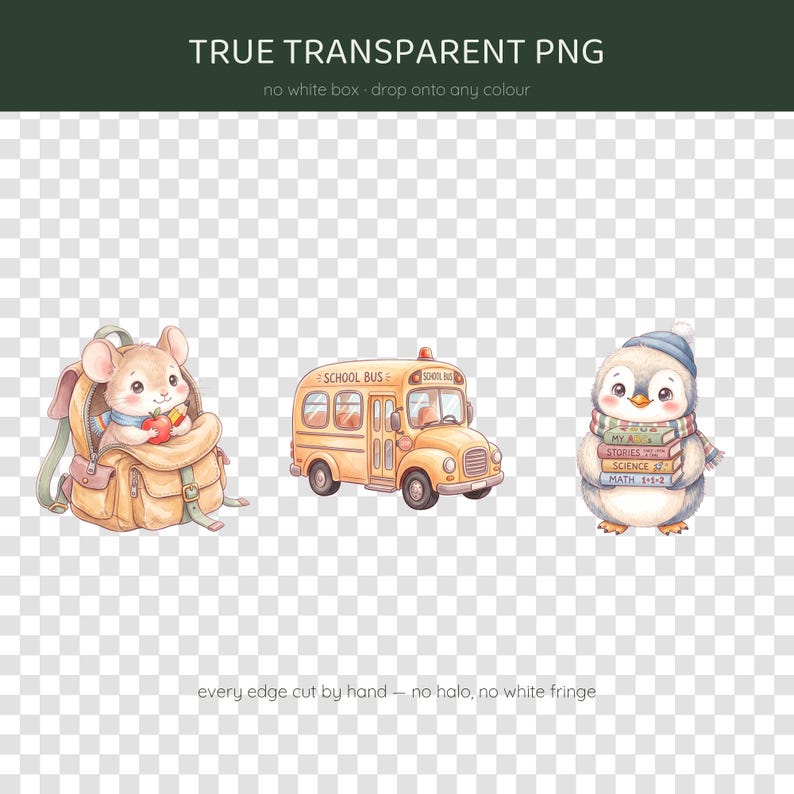 Op de afbeelding: Een digitale illustratie met een muis die in een beige rugzak zit en een rode appel vasthoudt, een gele schoolbus met de tekst SCHOOL BUS, en een pingu&iuml;n met een blauwe muts en sjaal die een stapel boeken vasthoudt met de tekst MY, STORIES, SCIENCE, MATH.