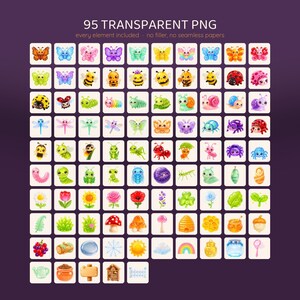 A grid of 95 small, colorful, cartoon-style insect and garden-themed illustrations on a dark purple background.