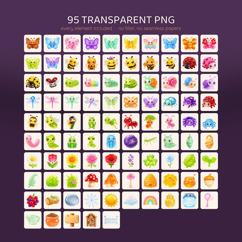 A grid of 95 small, colorful, cartoon-style insect and garden-themed illustrations on a dark purple background.