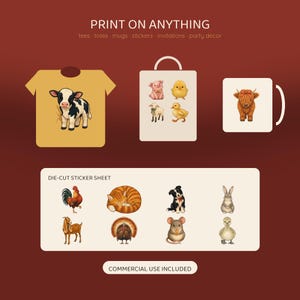 May include: A digital display showing a yellow t-shirt with a cow, a tote bag with farm animals, and a mug with a highland cow. Below is a die-cut sticker sheet featuring a rooster, cat, dog, rabbit, goat, turkey, mouse, and duckling. Text reads PRINT ON ANYTHING.