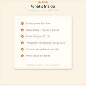 May include: A digital product information graphic titled the details What's Inside, listing 25 transparent PNG files, 18 characters, 7 props and scenes, 4000 x 4000 px at 300 DPI, transparent backgrounds, a commercial-use license, and instant download.