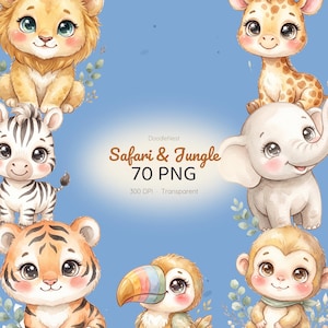 Safari & Jungle Baby Animals Clipart Bundle, 70 Watercolor PNG Files for Nursery Decor