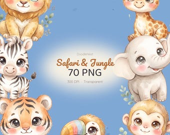 Safari & Jungle Baby Animals Clipart Bundle, 70 Watercolor PNG Files for Nursery Decor