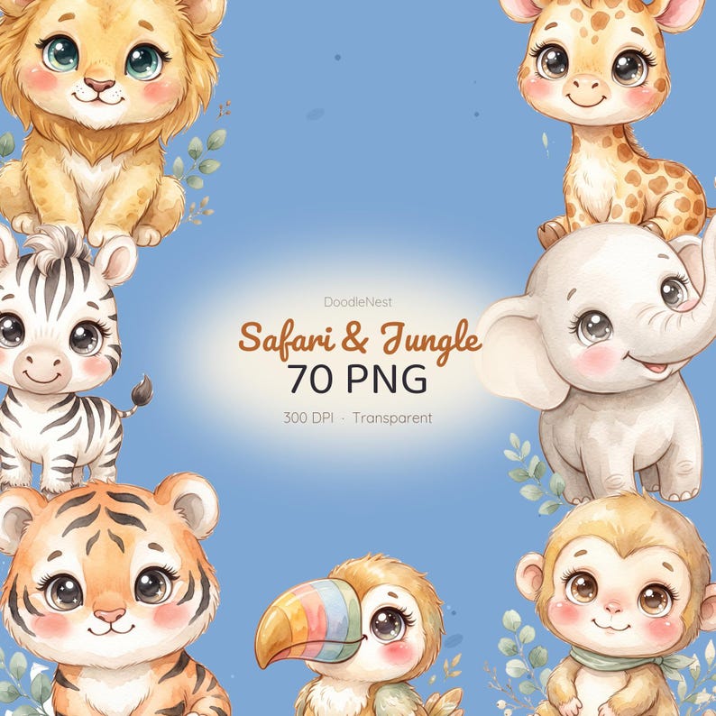 A watercolor illustration of a lion, zebra, tiger, toucan, monkey, elephant, and giraffe surrounding text that reads "DoodleNest Safari & Jungle 70 PNG 300 DPI - Transparent" on a light blue background.