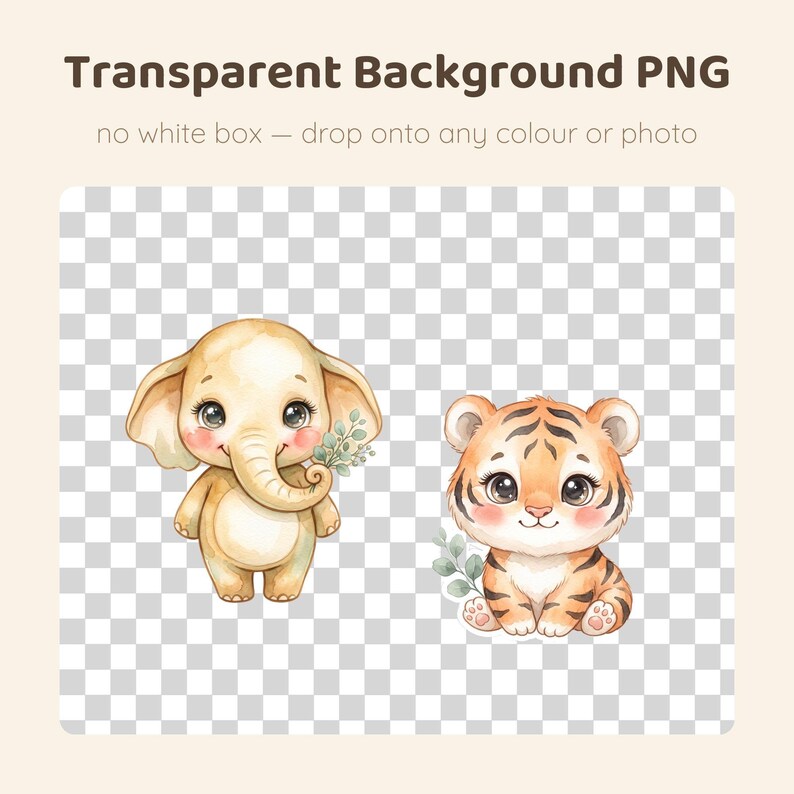 A watercolor illustration of an elephant and a tiger with green leaves, shown on a transparent background with text "Transparent Background PNG no white box - drop onto any colour or photo."