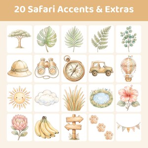 A grid of 20 watercolor illustrations of safari-themed accents and extras, including trees, leaves, a pith helmet, binoculars, a compass, a jeep, a hot air balloon, a sun, clouds, grass, a pond, a hibiscus flower, a protea flower, bananas, a wooden