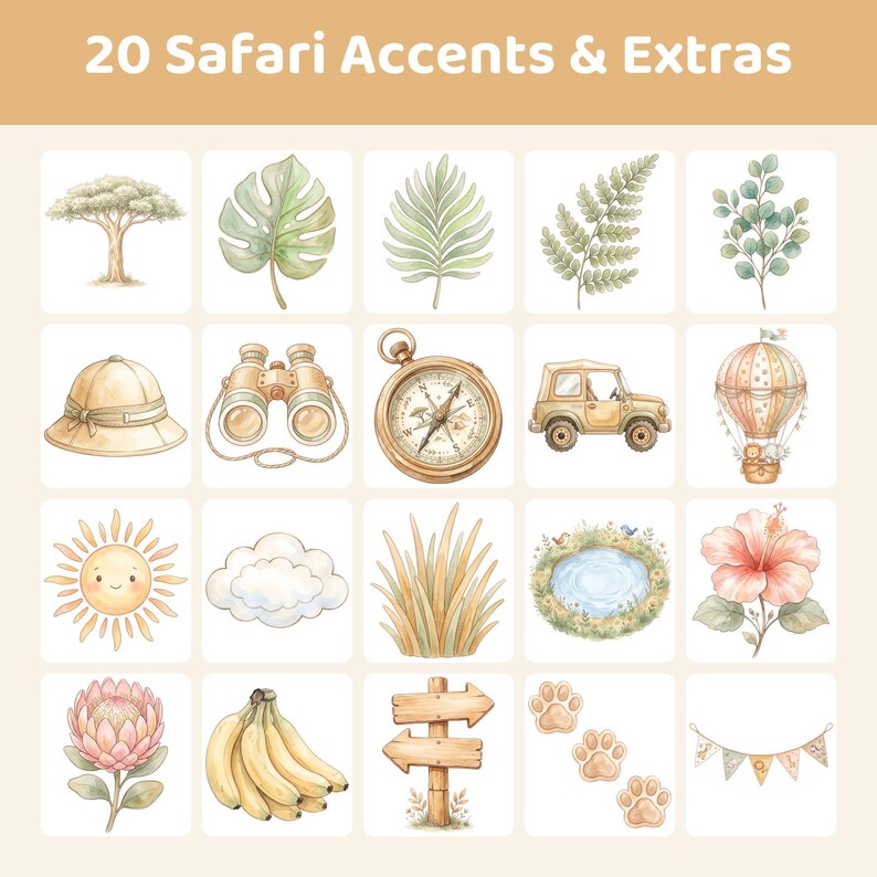A grid of 20 watercolor illustrations of safari-themed accents and extras, including trees, leaves, a pith helmet, binoculars, a compass, a jeep, a hot air balloon, a sun, clouds, grass, a pond, a hibiscus flower, a protea flower, bananas, a wooden