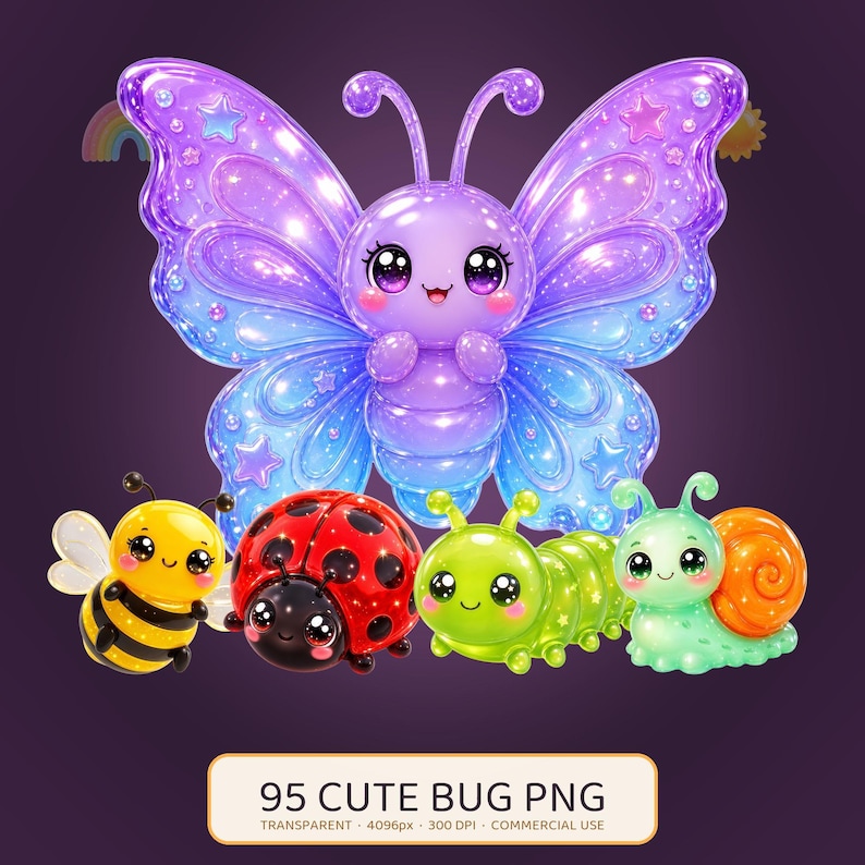 A large purple butterfly with iridescent wings and five smaller insects: a yellow bee, a red ladybug, a green caterpillar, and an orange snail.