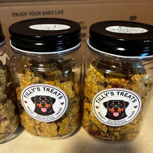Op de afbeelding: Twee doorzichtige plastic potten met zwarte deksels gevuld met getextureerde, goudbruine haverkoekjes. Elke pot heeft een rond wit etiket met een illustratie van een zwart-bruine hond, de tekst "Tilly's Treats" en "Healthy Treats Made With Love."