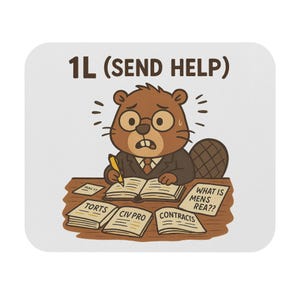 May include: A rectangular mouse pad featuring a cartoon beaver wearing a suit, sitting at a desk with open books labeled TORTS, CIV PRO, and CONTRACTS. The text 1L (SEND HELP) appears at the top, with additional notes reading IRAC?? and WHAT IS MENS REA??.