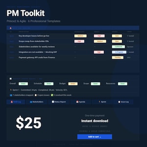 May include: A digital PM Toolkit featuring Prince2 and Agile professional templates. The interface displays a RAID log with risk descriptions, probability, impact, and status, alongside a project status report, sprint metrics, and an Add to cart button.