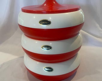 Vintage Holbrook rood-witte stapelbusset uit de jaren 60-70 uit de jaren 60-70 – suiker, meel, koffie.