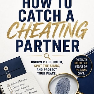 Puede incluir: Un folleto informativo blanco titulado Toxic By Choice HQ How To Catch A Cheating Partner en texto azul oscuro y dorado. Incluye una lista de verificación de señales, una lupa sobre una huella dactilar e iconos para detectar señales y proteger la paz.