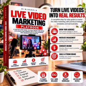 Peut inclure: Un manuel de marketing intitulé Live Video Marketing Playbook par Diginoria. La couverture présente un smartphone sur trépied, un microphone et du texte détaillant des stratégies pour développer l'audience, l'engagement, les revenus et la marque.