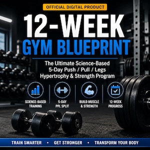 12-Wochen-Fitnessplan (PDF), 5-Tage-Trainingsprogramm, wissenschaftlich fundierter Hypertrophieplan, Krafttrainingsleitfaden, Fitnessplaner zum Ausdrucken