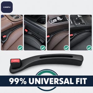 May include: A black car seat gap filler with a cutout for a seat belt buckle. The product is shown installed in various vehicle interiors. The text CARFU and 99% UNIVERSAL FIT are visible. The filler is a curved, solid black plastic accessory.